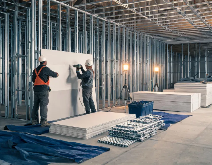 Commercial drywall hangers installing Sheetrock panels on metal studs