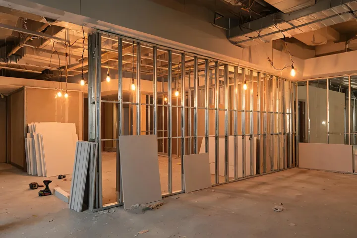 Hotel guest room demising wall under construction