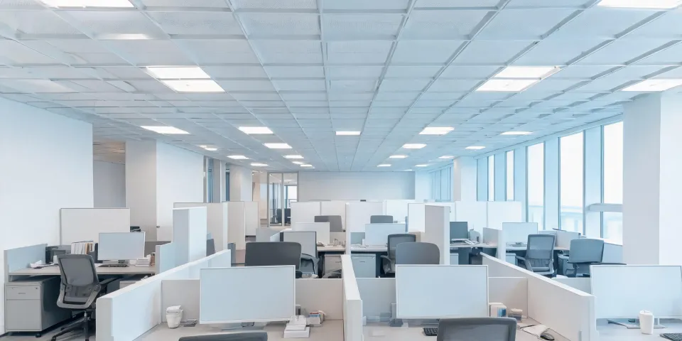 Open office with suspended ceiling grid and drywall partitions