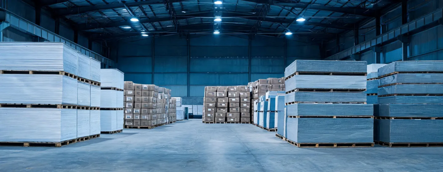 Warehouse racks of gypsum board, ceiling tiles, and cement board